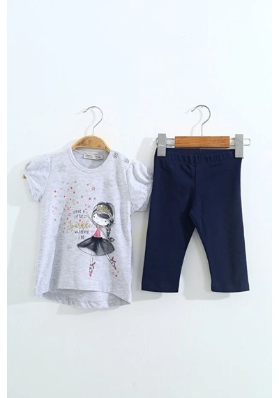 Toontoy Kız Çocuk 2'li Takım Baskılı Bisiklet Yaka T-shirt & Beli Lastikli Kapri Şort Gri