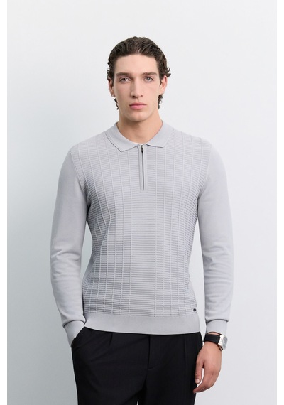 Avva Erkek Gri Polo Yaka Fermuarlı Rayon Karışımlı Regular Fit Kazak A62y5022