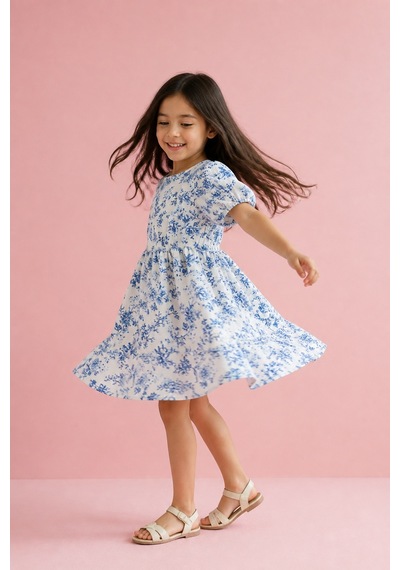 Eray Alp Kids Kız Çocuk Çiçek Desenli Mavi Keten Elbise Yazlık Günlük Model