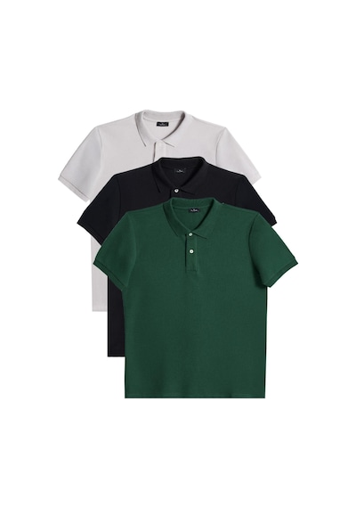 Tudors Erkek 3'lü Paket Gri-siyah-yeşil Slim Fit Dar Kesim Pamuklu Düz Pike Polo Yaka Tişört-33831 Multi
