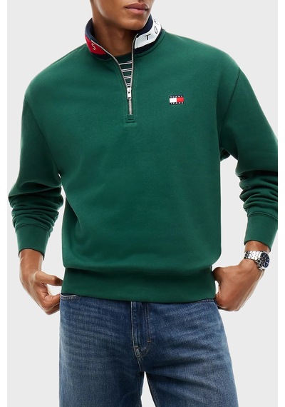 Tommy Jeans Logolu Pamuklu Regular Fit Yarım Fermuarlı Dik Yaka Sweat Erkek Sweat Dm0dm23605 Mbm Yeşil