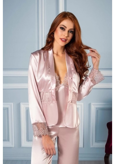 Ang Butik Kadın Pierre Cardin 6040 Kısa Gecelikli 6'lı İpek Set Takımı pudra