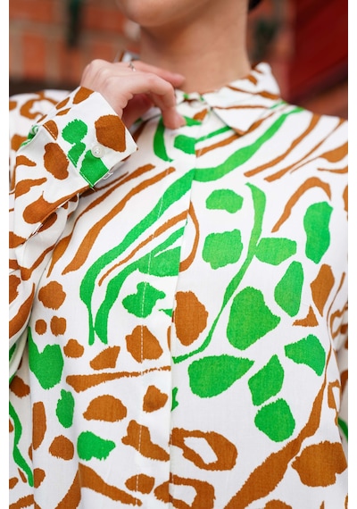 Polologin Butik Safari Desenli Hakim Yaka Uzun Tunik Yeşil Kahverengi