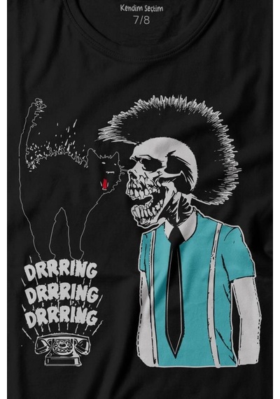 Kendim Seçtim Mohikan İskelet Adam Kara Kedi Nostalji Telefon Zili Baskılı Tişört Çocuk T-shirt 001