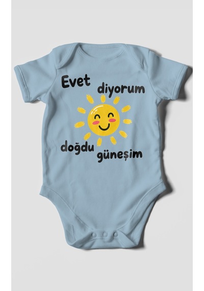 Morivokids Evet Diyorum Doğdu Güneşim Kısa Kollu Bebek Body %100 Pamuk Bebe Mavisi