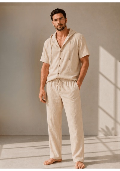 Erkek Müslin Kapşonlu 3'set Gömlek-şort-pantalon Bej