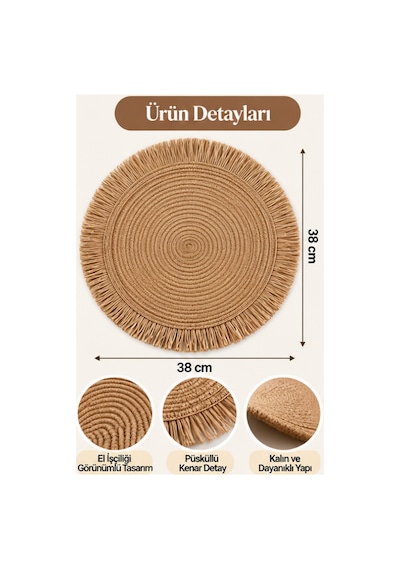 Mucit Home Kahve Püsküllü Hasır Supla 38 Cm Yuvarlak Amerikan Servis Tabak Altlığı Dekoratif Örgü Kahverengi