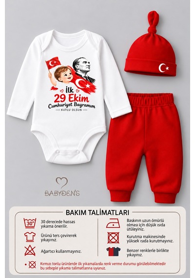 Babyden's İlk 29 Ekim Cumhuriyet Bayramım Baskılı 3'lü Bebek Takımı 100 Pamuk Uzun Kollu Çıtçıtlı Body Pantolon Bere Seti Kırmızı - Beyaz