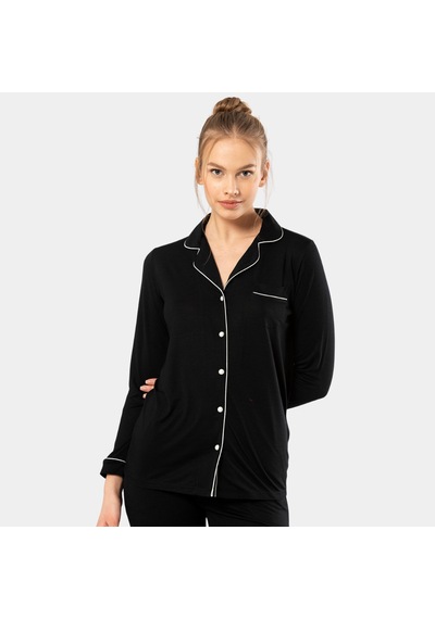 Düz Uzun Kollu Gömlek Yaka Pijama Takım 3365/siyah Çok Renkli