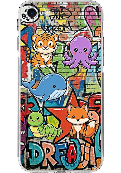 Apple Uyumlu iPhone 7 İle Grafiti Mini Tasarımlı Şeffaf Silikon Kılıf Şeffaf