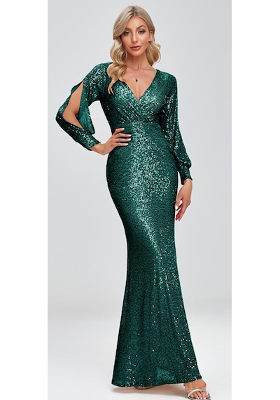 Hanife Glam Couture Hanife Glam Uzun Kollu Kruvaze Yaka Pullu Abiye Elbise Zümrüt