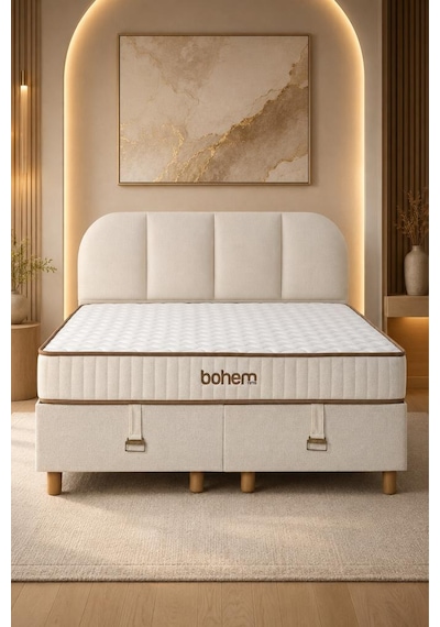 Niron Bohem Nms Klapa 200x200 Cm Çift Kişilik Yatak Baza Başlık Seti - Nms Sert Ortopedik 200 x 200