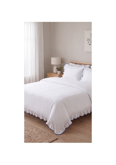 %100 Pamuk Overloklu Fırfırlı Çift Kişilik Nevresim Takımı Lastikli Çarşaflı 200x220 Cm Mavi - 904804703 Mavi