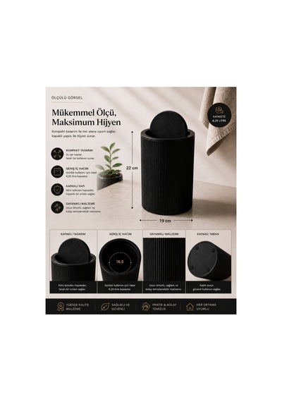 Modern Çizgili Banyo Çöp Kovası 6,25 Litre & Tuvalet Fırçası Seti İkili Set, Dayanıklı Plastik Siyah