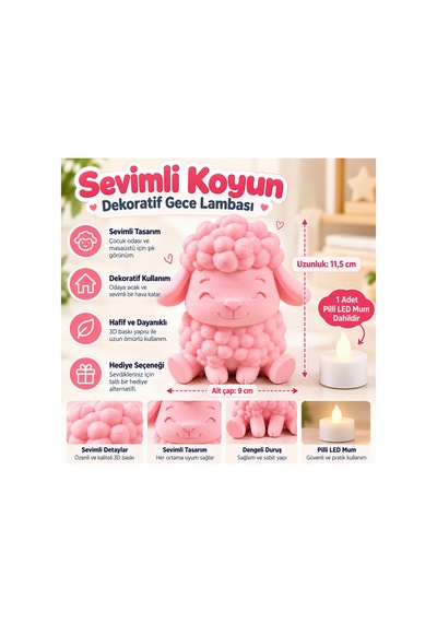 Sevimli Koyun Tasarımlı 3d Dekoratif Gece Lambası - Çocuk Odası Ve Masaüstü Pilli Işıklı Süs