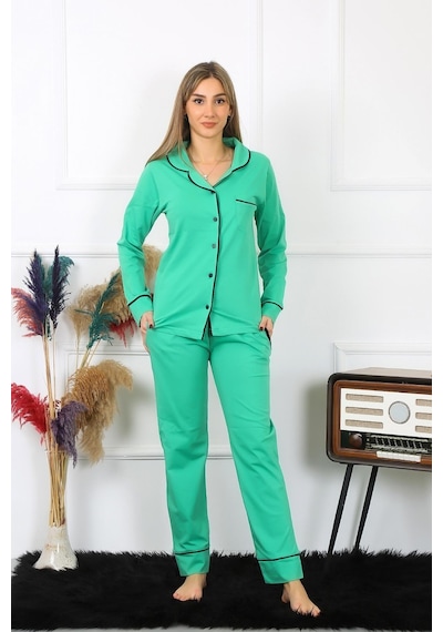 Akbeniz Kadın Pamuk Penye Önden Düğmeli Uzun Kol Yeşil Pijama Takım 2782-yesil Yeşil