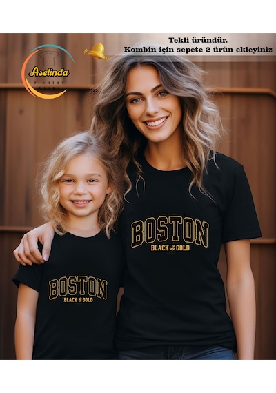 Aselinda Unisex Boston Tasarım Baskılı Tshirt-aile Kombin Tişört Kombin Yapmak İçin 2 Ürün Ekleyiniz Siyah Anne-kız