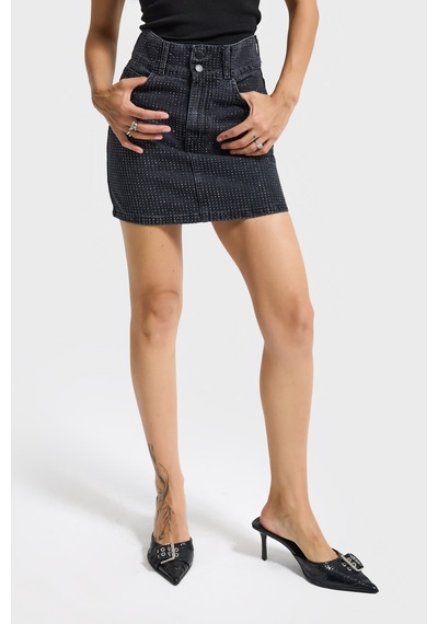 Kadın Koyu Füme Renk 1w5-1 Straight Fit Parlak Taşlı %100 Koton Tasarım Mini Denim Etek
