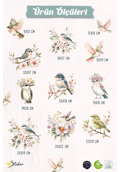 Bahar Kuşları Cam Sticker Seti Çiçekli Uçan Kuş Duvar Sticker Çift Taraflı Cam Süsü - Cam Dekor Dijital Baskı