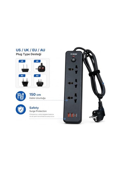Tr 6in1 Power Strip 2500w Akım Korumalı Çoklu Priz, 3 Ac  , 2x Qc18w Usb-a, Pd30w Usb-c Hızlı Şarj, 150 Cm Ka 0