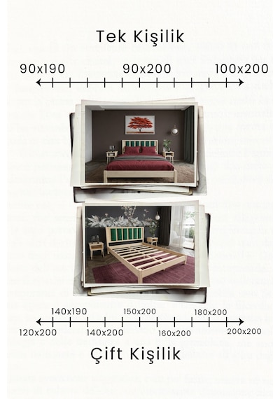 Ori On Zümrüt Yeşili Puf Başlıklı Masif Ahşap Vernik 100x200