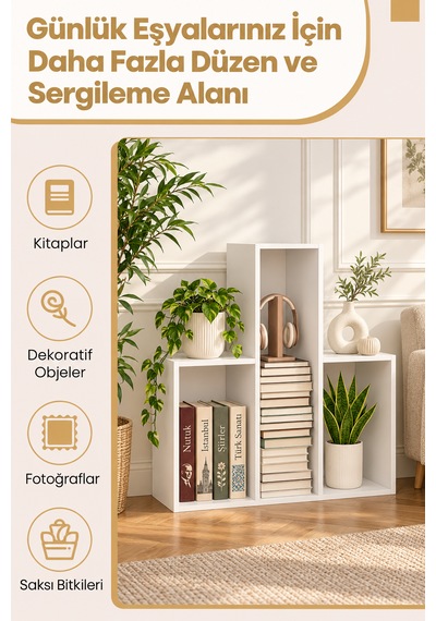 Lunor Beyaz Asimetrik Kitaplık, Modern Dekoratif Raf Ve Çok Amaçlı Düzenleyici