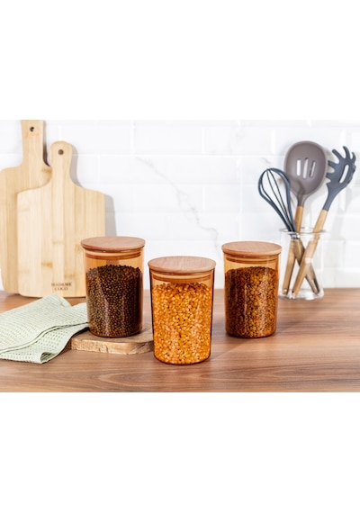 Madame Coco Yuviera 900ml Ahşap Kapaklı Saklama Kabı 3'lü 1ksakl0426900ml-amber