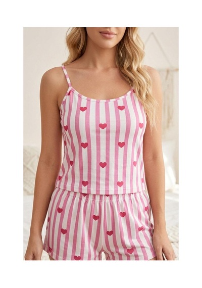 Fit Women Pembe Beyaz Çizgili Kalp Desenli Askılı Şortlu Pijama Takımı 4620 -pembe Fit Women Pembe Beyaz Çizgili Kalp Desenli Askılı Şortlu Pijama Takımı 4620 -pembe
