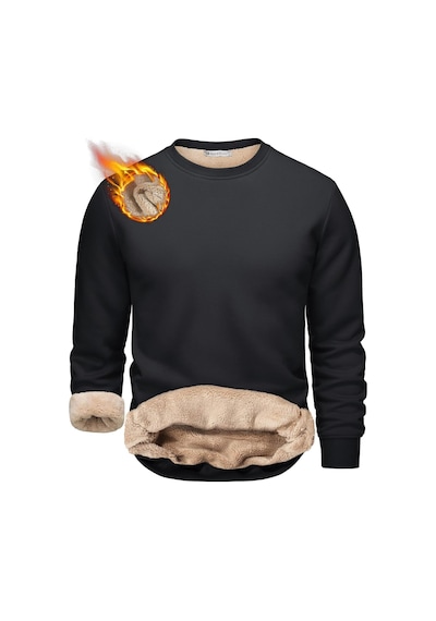 Ghassy Co. Erkek Ultra Termal Sherpa Peluş Astarlı Bisiklet Yaka Sweatshirt Siyah