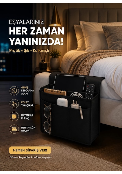 Kumandalık Koltuk Kenarı Organizer Yan Sehpa Koltuk Kenarı Düzenleyici Koltuk Başı Örtü Siyah