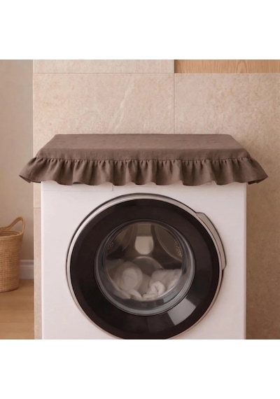 Fırfırlı Çamaşır Makinesi Örtüsü - Çeyizlik Dekoratif Banyo Makine Kılıfı- Kahverengi