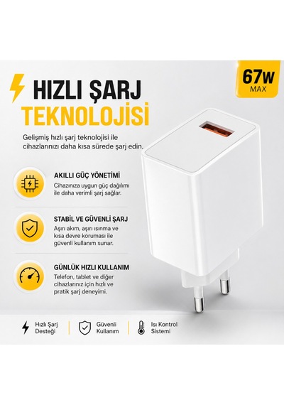 67w Hızlı Şarj Adaptörü Usb Çıkışlı Kablo Dahil Type-c Uyumlu Hızlı Şarj Cihazı Güvenli Şarj Başlığı Beyaz