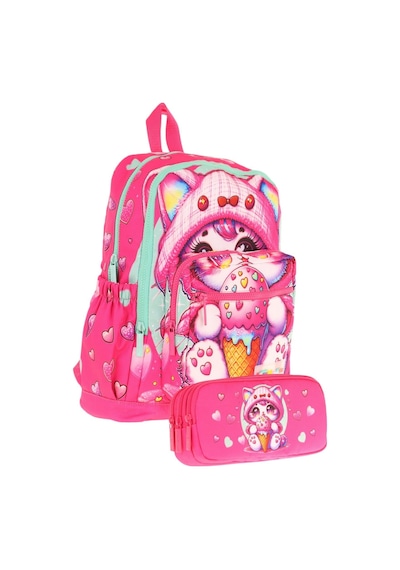 Kaukko Kids Layer Kız Çocuk Okul Çantası + Kalem Çantası Seti Pembe - Dondurma Yiyen Kedi Pembe