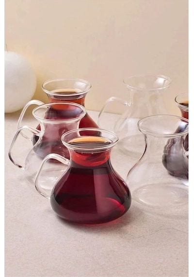 Ehl-i Keyf 6 Lı Borosilikat Cam Çay Bardağı Seti Kulplu Çay Takımı 200 Ml Şeffaf