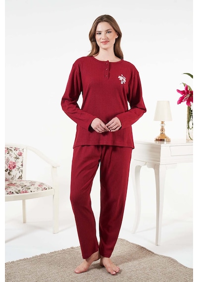 Remsa Kadın İnterlok Şardonlu Fitilli Pijama Takımı 25330 Bordo Bordo