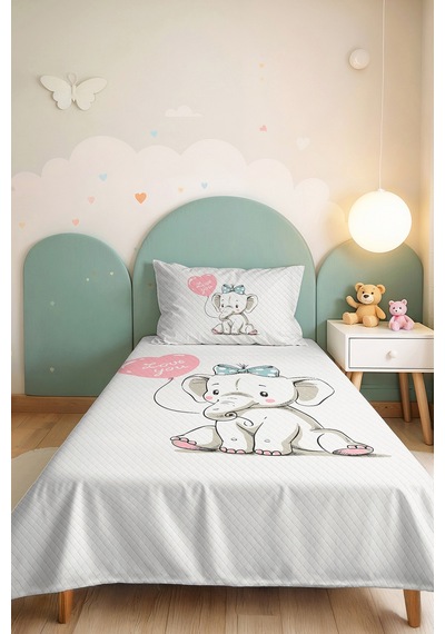 Evimde Bambaşka Pembe Fil Kız Çocuk Pike Takımı - Sevimli Gri Bebek Odası Mevsimlik Yatak Örtüsü - 160x220  CM