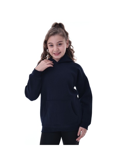 Unisex Çocuk Kapüşonlu Sweatshirt 5-14 Yaş Rahat Günlük Spor Oversize Lacivert