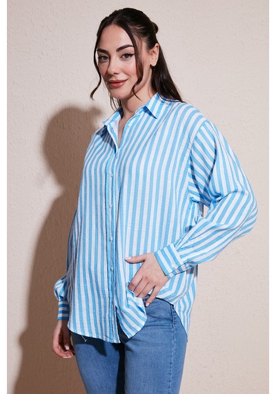 Fashion Friends Pamuklu Çizgili Oversize Uzun Kollu Gömlek Gömlek 26y0670k1 Mavi