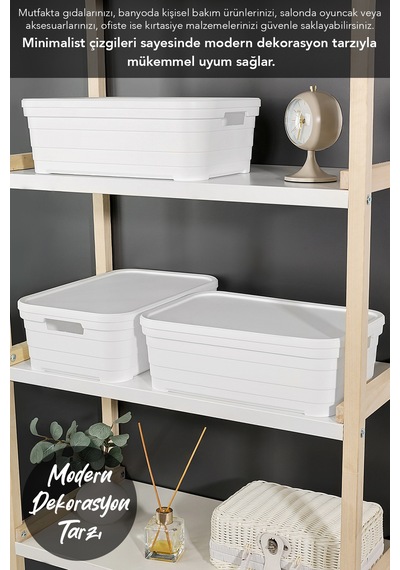 4 Adet Kapaklı Dekoratif Piramit Saklama Kutusu - Dolap Düzenleyici Organizer Kutu 8,2 Litre Beyaz Beyaz