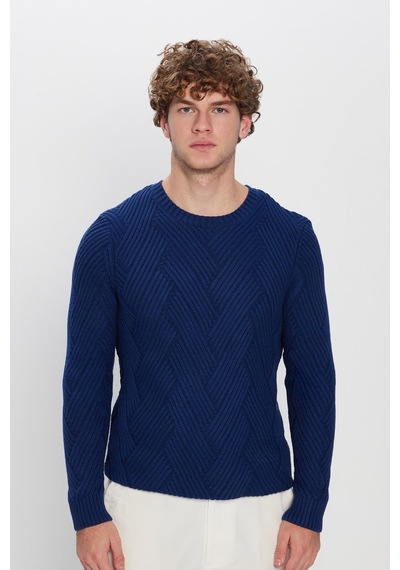 Tudors Erkek Slim Fit Dar Kesim Pamuklu Desenli Yumuşak Dokulu Saks Mavi Bisiklet Yaka Kazak-30440 Saks