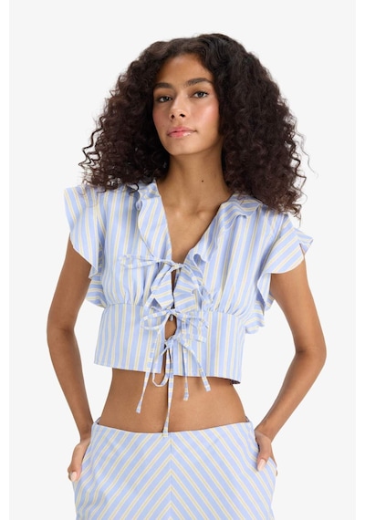 Defacto Slim Fit Dar Kesim V Yaka Çizgili Önden Bağlamalı Poplin Kolsuz Bluz F6058ax25smbe40 Mavi