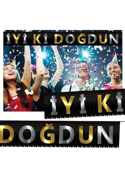 Püsküllü İyi Ki Doğdun Banner Siyah Altın Gümüş +3
