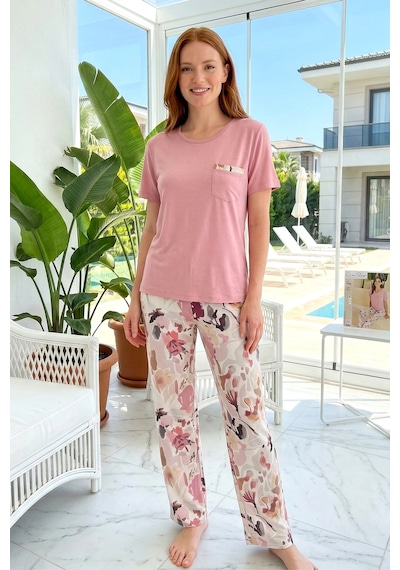 Remsa Kadın Viskon Kumaş Kısa Kol Pijama Takımı 3348 Pembe02 Pembe