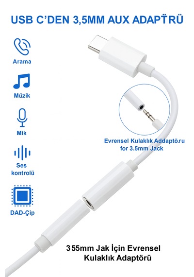 Td-c3311 Type-c Den 3.5mm E Aux Ses Adaptörü Yüksek Ses Kalitesi Müzik Arama Desteği Dayanıklı Kablo -