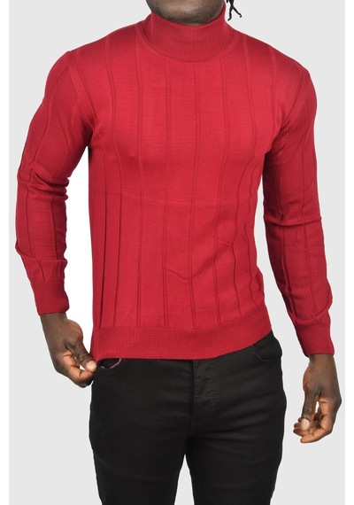 Deepsea Erkek Bordo Slim Fit Likralı Tam Balıkçı Yaka Çizgili Boğazlı Kazak 2505504 Bordo