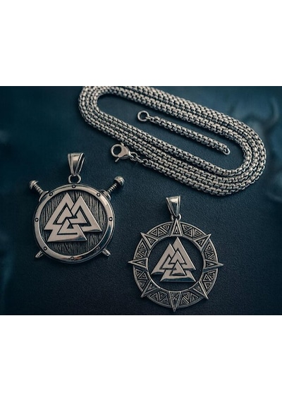 Viking Kolye Seti 2'li Valknut Sembollü Paslanmaz Çelik Erkek Kolye Gümüş