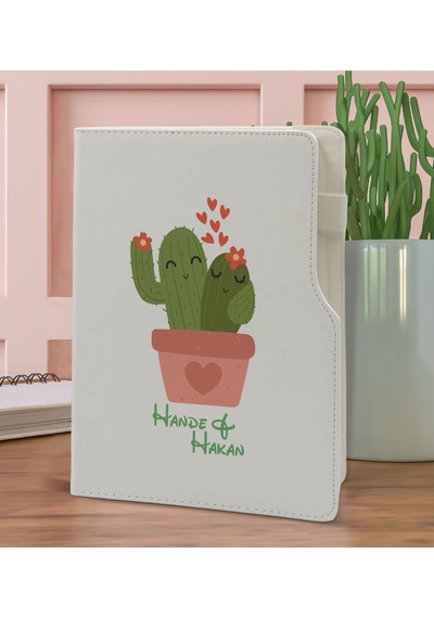 BK Gift Kişiye Özel Kaktüs Tasarımlı Beyaz Termo Deri Not Defteri Beyaz