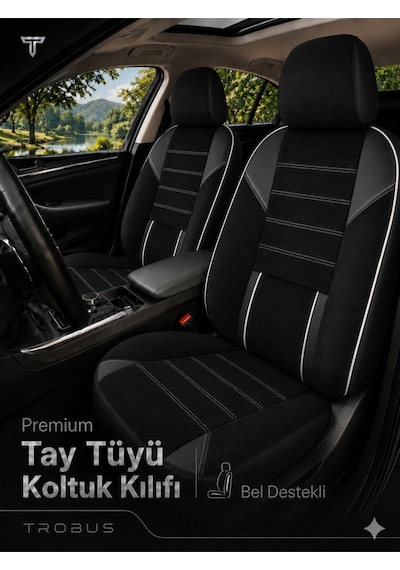 Nova Serisi Tay Tüyü Bel Destekli Siyah Beyaz Premium Üniversal Koltuk Kılıfı Tam Set