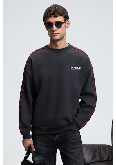 Grimelange LEIF Erkek Kolları Biyeli Önü Baskılı Yuvarlak Yaka Oversize Antrasit Sweatshirt