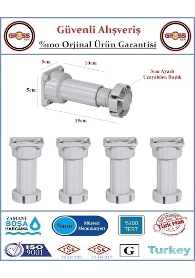 Plastik Mobilya Baza Ayağı - 10-15cm - Ayarlanabilir - 4 Adet Gri